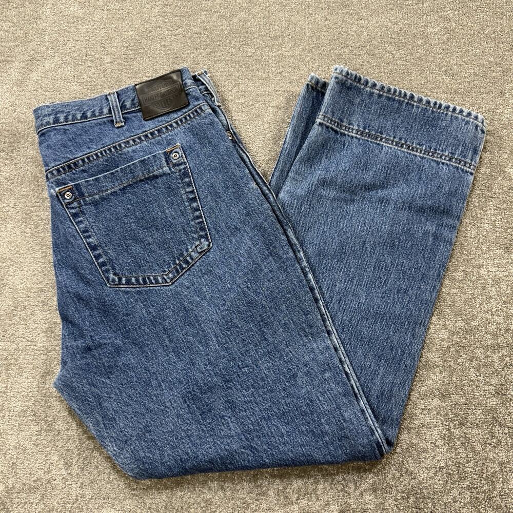 Harley Davidson mens jeans 40x32 blue denim straight leg reinforced cuffs Biker
